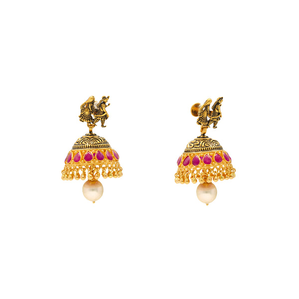 22K Antique Gold Jhumka Earrings w/ Rubies and Pearls (21gm) | 
The addition of colorful rubies and pearls to these uniquely designed 22k antique gold earrings ...