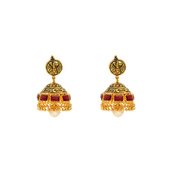 22K Yellow Gold Jhumka Earrings w/ Rubies (24.9gm)