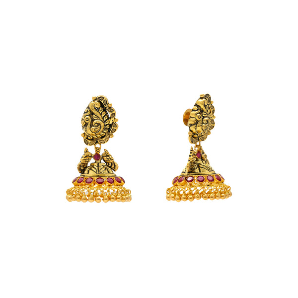 22K Antique Gold Jhumka Earrings (19.5gm) | 
Wear these 22 karat yellow gold jhumka earrings with an antique gold finish, cultural engravings...