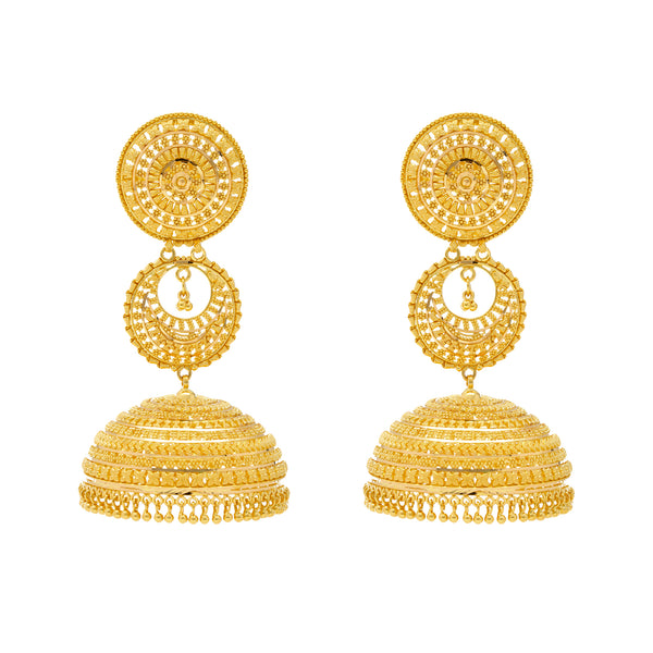22K Yellow Gold Jhumka Earrings (58.6gm) | 
These elegant 22 karat yellow gold jhumka earrings for women will add a shimmering effect to any...