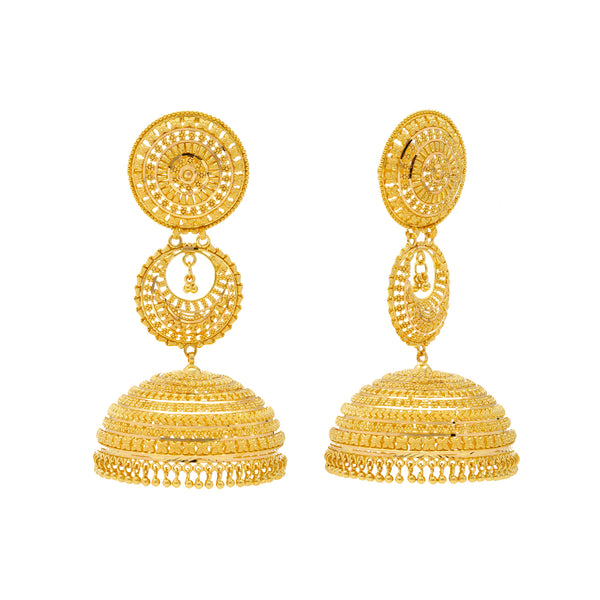 22K Yellow Gold Jhumka Earrings (58.6gm) | 
These elegant 22 karat yellow gold jhumka earrings for women will add a shimmering effect to any...