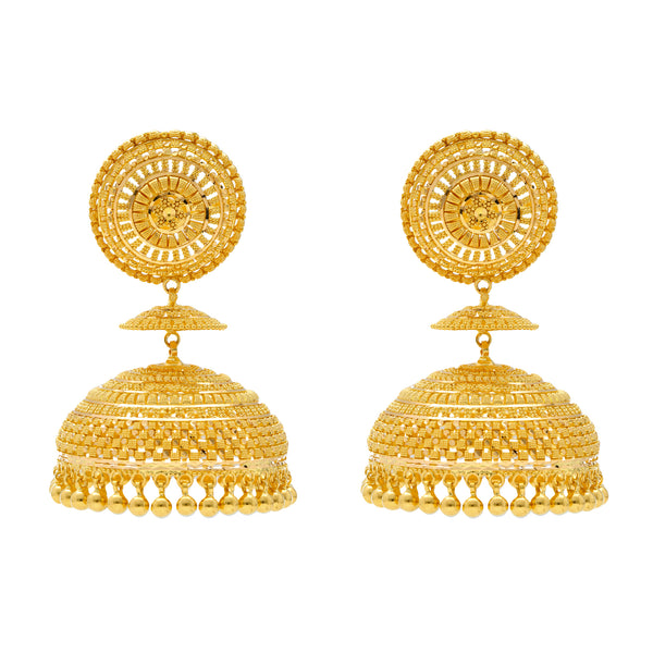 22K Yellow Gold Jhumka Earrings (67.3gm) | 
Pair these simple yet stylish 22 karat gold jhumka earrings with anything from causal wear to fo...