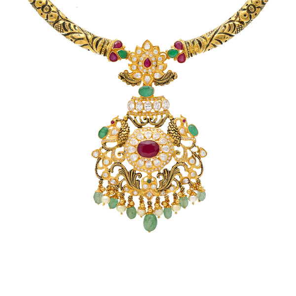22K Yellow Gold Kanthi Jewelry Set with Gemstones & Pearls (71.3 grams) | 
Add a sophisticated layer of shine and cultural elegance to any look when you wear this 22k Anti...