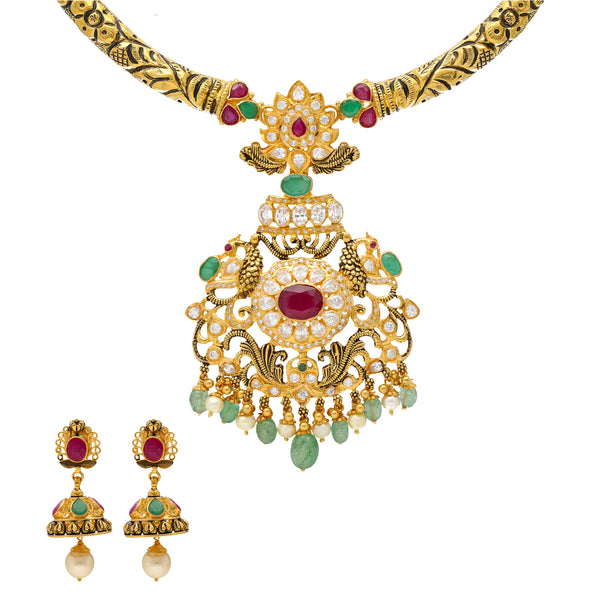 22K Yellow Gold Kanthi Jewelry Set with Gemstones & Pearls (71.3 grams) | 
Add a sophisticated layer of shine and cultural elegance to any look when you wear this 22k Anti...