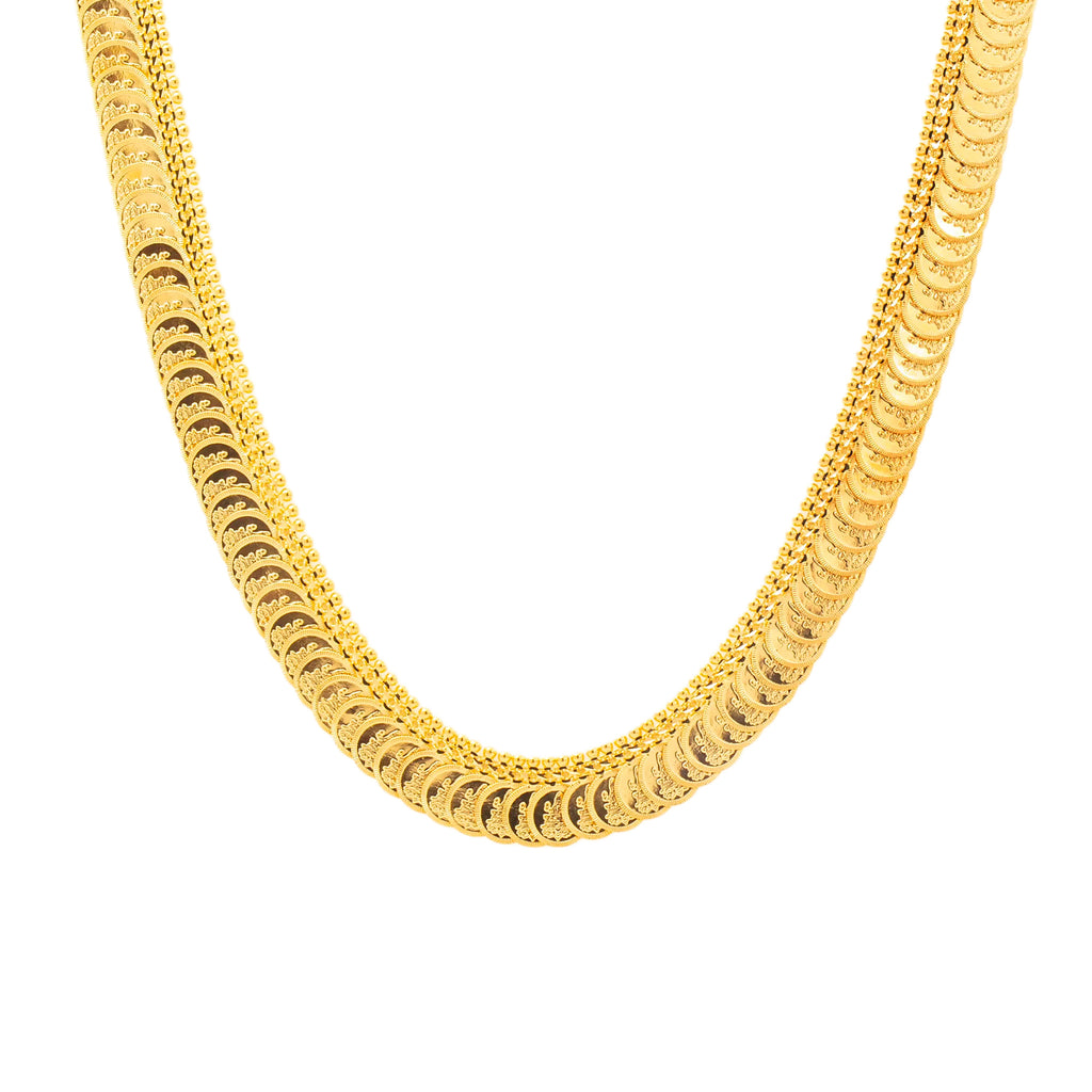 22K Yellow Gold Long Kasu Necklace (77.2gm) | 
Layer this radiant 22k yellow gold kasu necklace with other 22k gold bridal necklace form Virani...