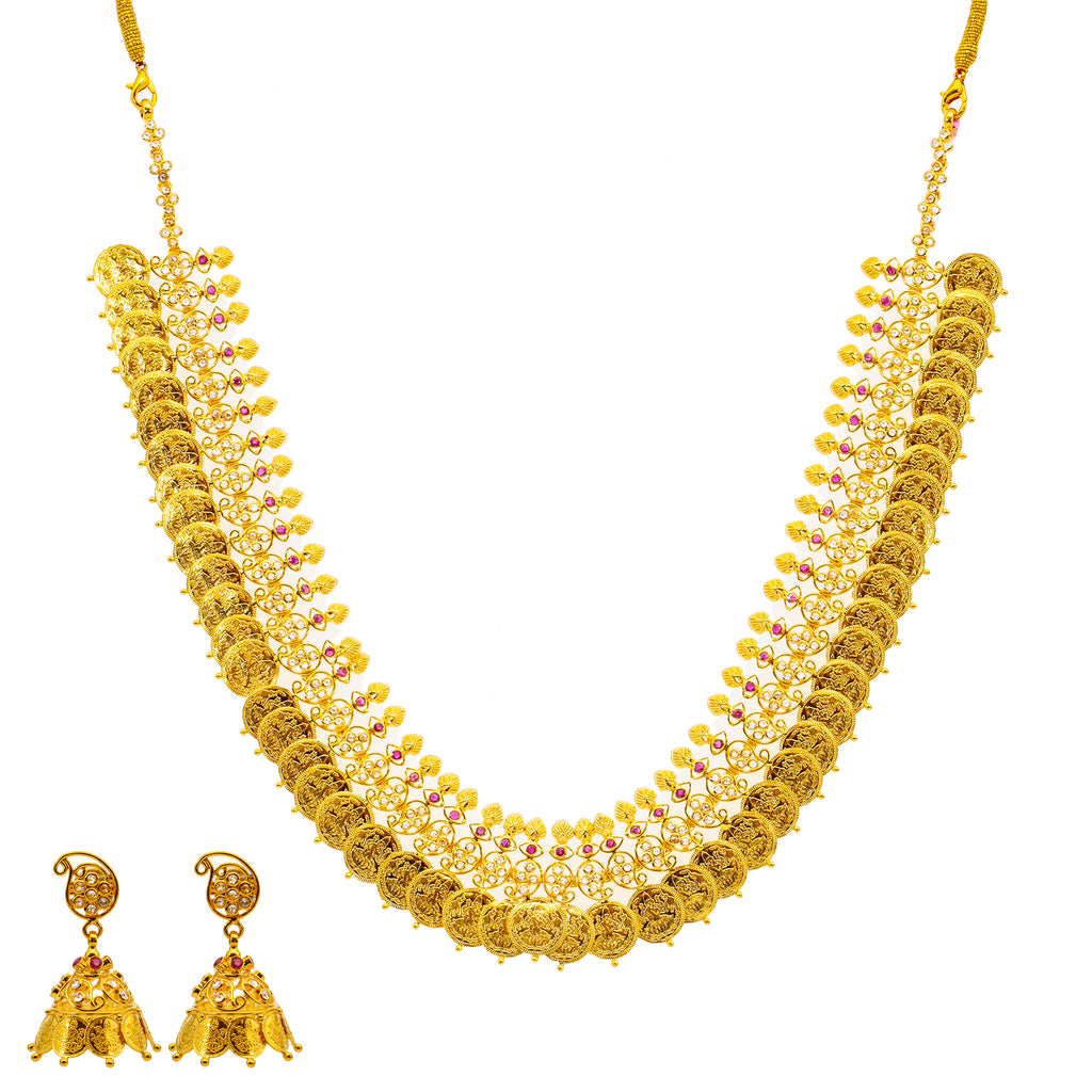 22K Gold Kasu & Jhumka Earring Set w. Gems & CZ Stones (68.4 grams) | 
This unique 22k gold jewelry set is just what a woman needs to add a gleaming layer of gold to t...