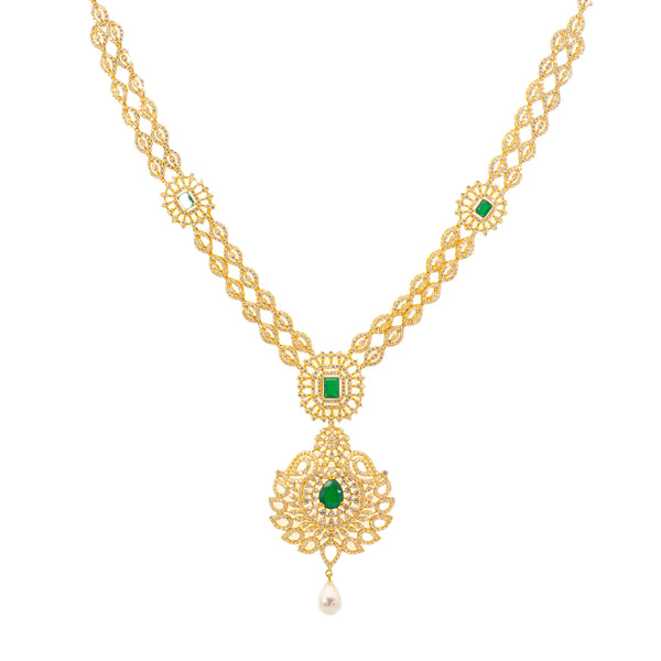 Jaya Jewelry Set w/ 22K Yellow Gold & Emeralds (77.8gm) | 
Our Jaya Jewelry set is simply breathtaking. The 22k yellow gold design is decorated with a stun...