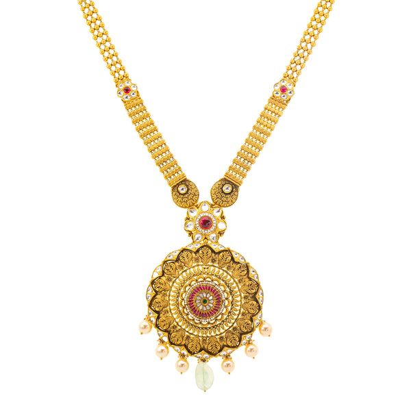 22K Gold Sajani Jewelry Set w/ Emeralds & Pearls (149.3gm) | 
Add this stunning 22k yellow gold, emerald, and pearl jewelry set to your bridal or evening gown...