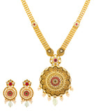 22K Gold Sajani Jewelry Set w/ Emeralds & Pearls (149.3gm) | 
Add this stunning 22k yellow gold, emerald, and pearl jewelry set to your bridal or evening gown...
