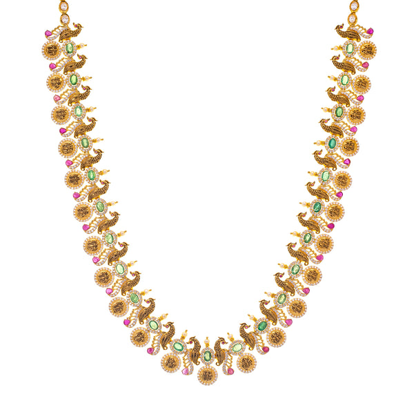 22K Gold & Gemstone Long Kasu Necklace Set (85.5gm) | 
This extravagant 22k yellow gold and gemstone necklace set features exquisite elements and detai...