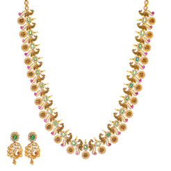 22K Gold & Gemstone Long Kasu Necklace Set (85.5gm)