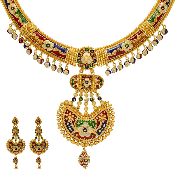 22K Gold Meenakari Jewelry Set (87.8gm) | 
Add this vibrant Indian bridal jewelry set to your gown for your most important day! The Meenaka...