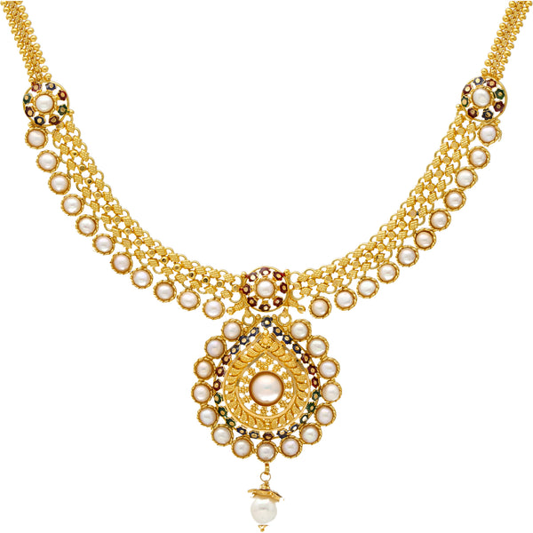 22K Gold Meenakari Jewelry Set with Pearls (41.9gm) | 
Wear this shimmering 22k yellow gold jewelry set when you want to exemplify your cultural pride ...