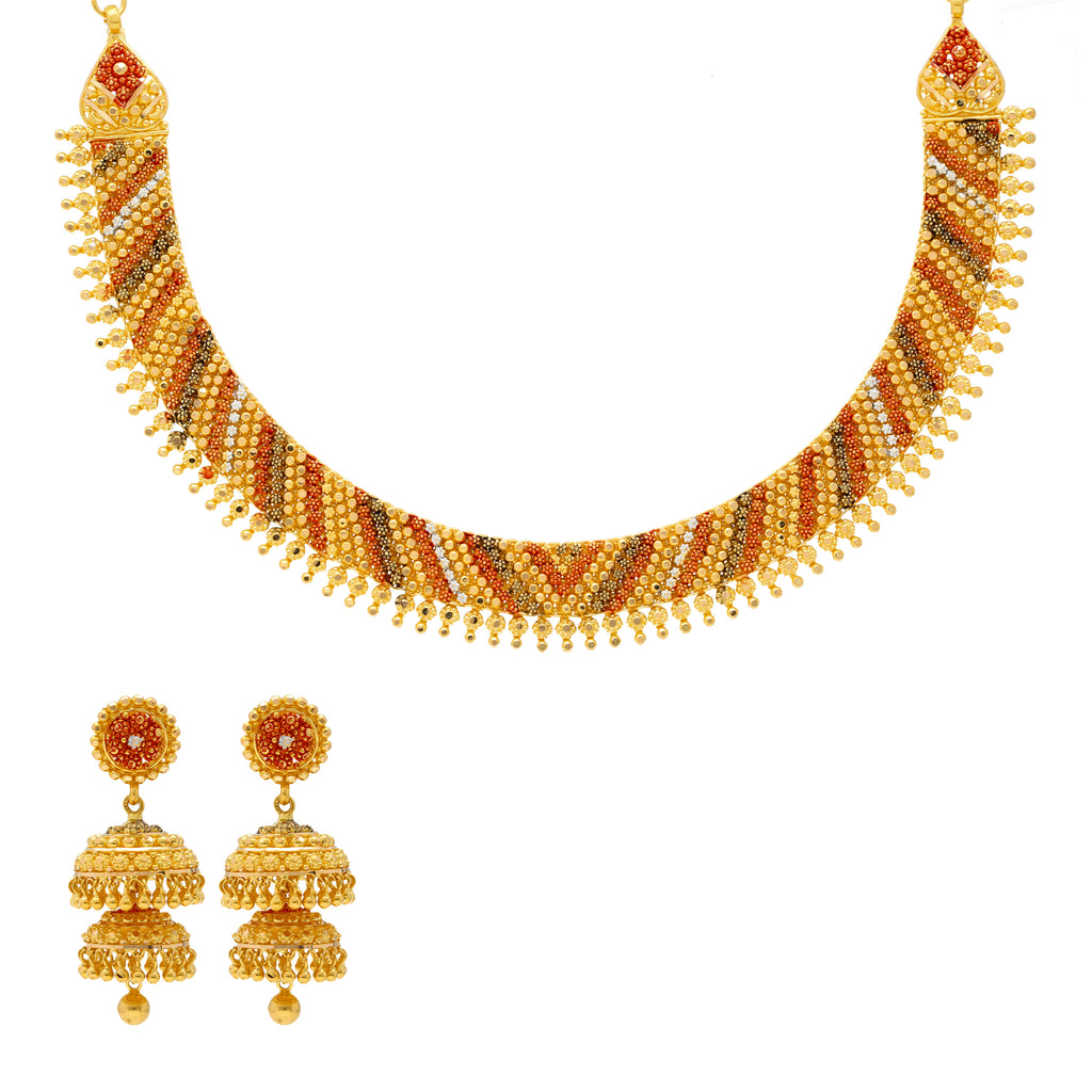 22K Yellow Gold Meenakari Jewelry Set (62.3gm) | 
Shimmer and shine with cultural elegance when you adorn your ears and neck with this fabolous 22...