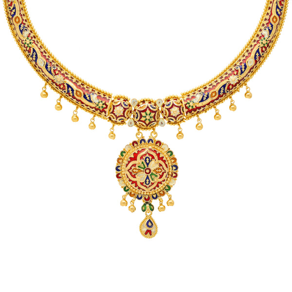 22K Yellow Gold Meenakari Jewelry Set (67.8gm) | 
Pair this stunning 22k gold meenakari jewelry set with traditional gowns, evening wear, or brida...