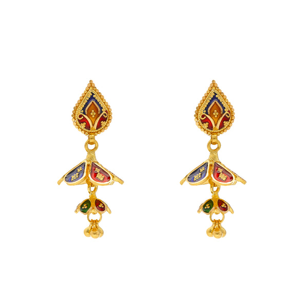 22K Yellow Gold Meenakari Jewelry Set (37.1gm) | 
The simple design of this 22k yellow gold meenakari necklace and earring set is chic and feminin...