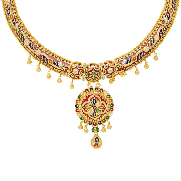 22K Yellow Gold Meenakari Pendant Set (67.8gm) | 
This Indian gold jewelry set features the beloved meenakari print to decorate the stunning 22k y...