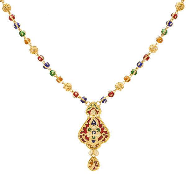22K Yellow Gold Meenakari Pendant Set (31.5gm) | 
The light, and airy design of this 22k Indian gold jewelry set is simple divine. The vibrant mee...