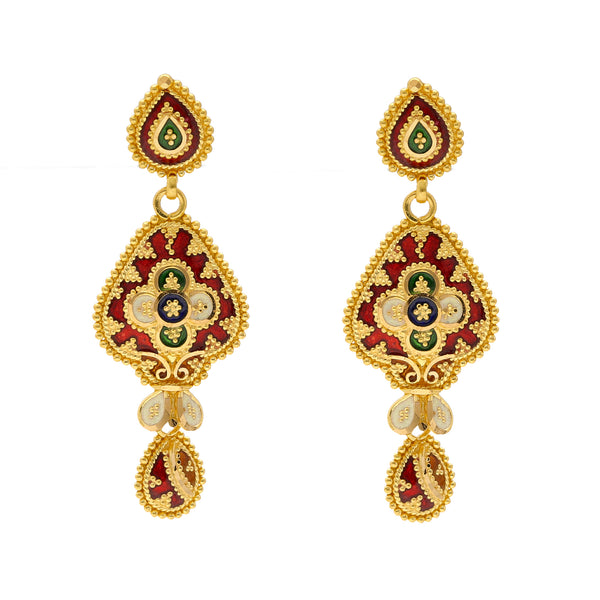 22K Yellow Gold Meenakari Pendant Set (31.5gm) | 
The light, and airy design of this 22k Indian gold jewelry set is simple divine. The vibrant mee...