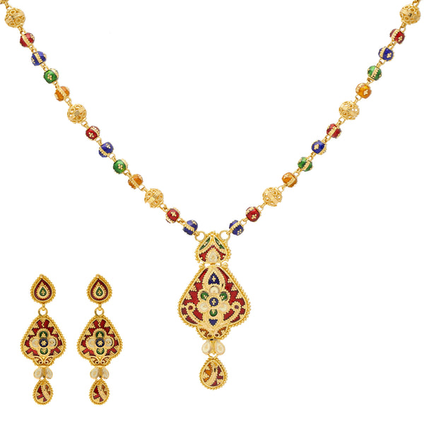 22K Yellow Gold Meenakari Pendant Set (31.5gm) | 
The light, and airy design of this 22k Indian gold jewelry set is simple divine. The vibrant mee...