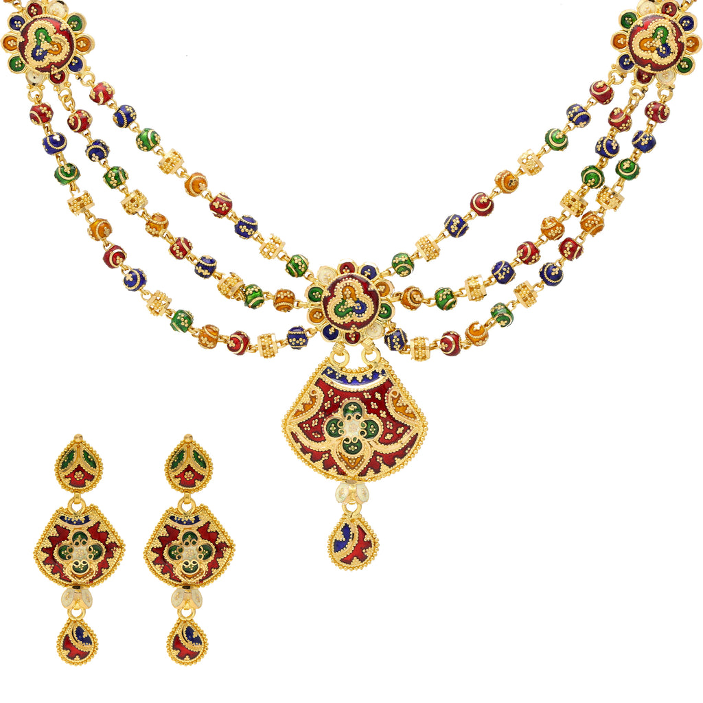 22K Yellow Gold Meenakari Pendant Set (58.2gm) | 
Pair this elaborate Indian gold necklace and earring set with your favorite gowns for a special ...
