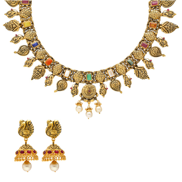 22k Antique Gold Navranta Jewelry Set with Gemstones (58.7 grams) | 
Wear this one of a kind antique 22k gold navratan jewelry set for your next special occasion! Th...