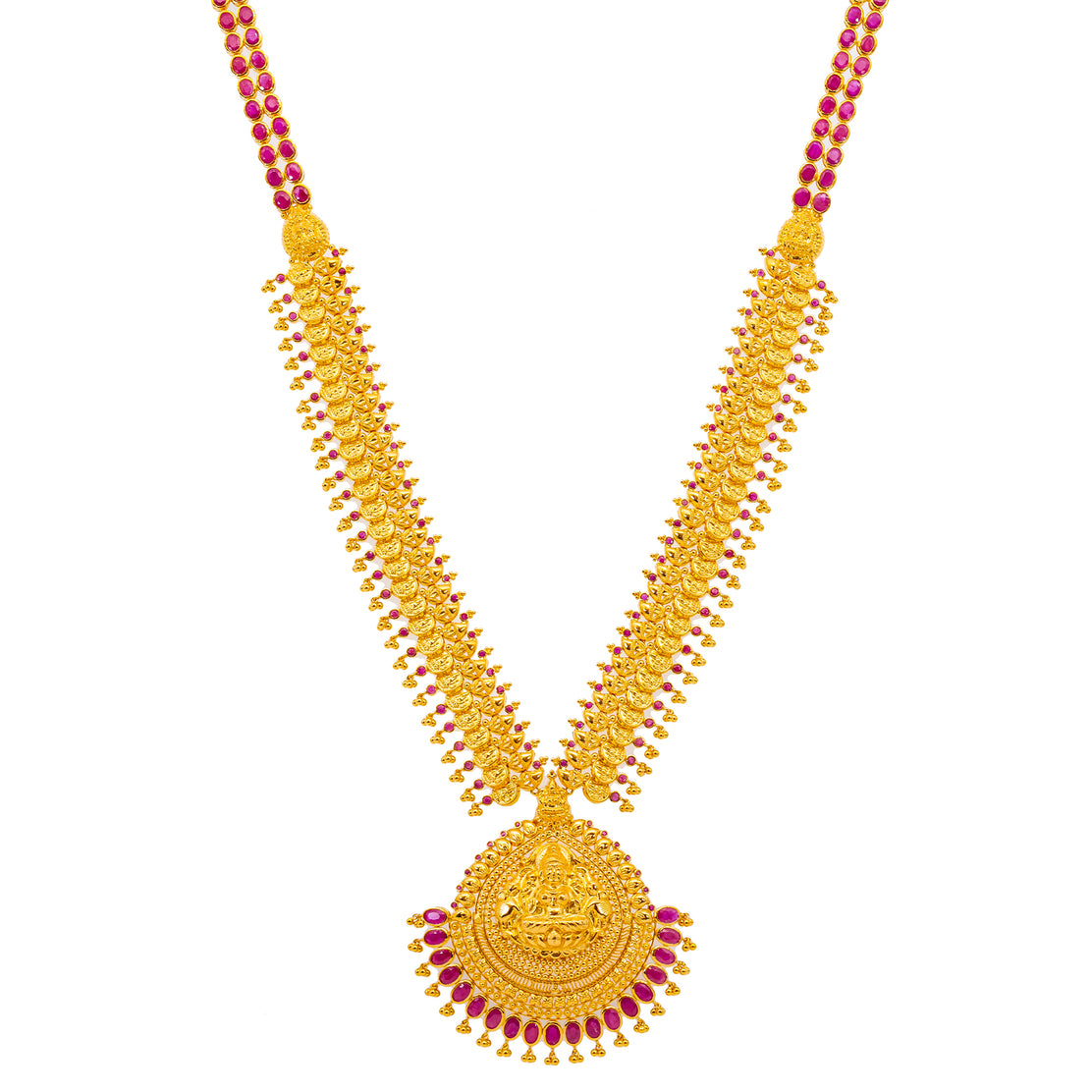 22K Gold Lakshmi Kasu Pendant Necklace with Jhumka Earrings Virani Jewelers