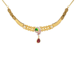 22K Multitone Gold Paisely Pavé Earring & Necklace Set W/ Emerald, Ruby, Pearl & Cubic Zirconia - Virani Jewelers