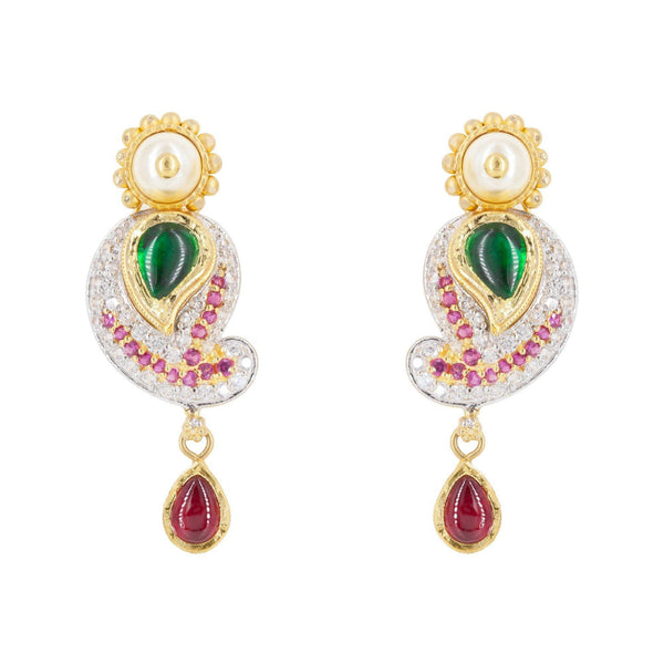 22K Multitone Gold Paisely Pavé Earring & Necklace Set W/ Emerald, Ruby, Pearl & Cubic Zirconia - Virani Jewelers | 22K Multitone Gold Paisley Pavé Earring & Necklace Set W/ Emerald, Ruby, Pearl & Cubic Zi...