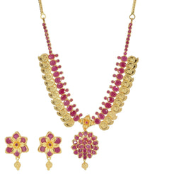 22K Yellow Gold Floral Kasu Lakshmi Coin Necklace & Earrings Set W/ Rubies - Virani Jewelers