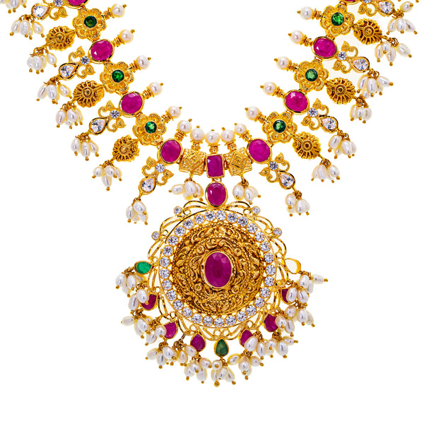 22K Yellow Gold Guddapuslu Necklace (111.6gm) | 
This 22k yellow gold Guddapuslu necklace has a grand assortment of gemstones and pearls that add...