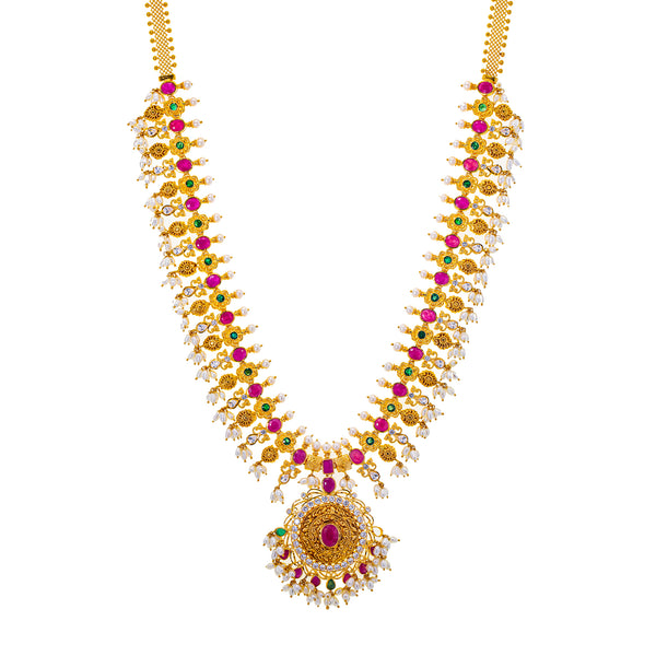 22K Yellow Gold Guddapuslu Necklace (111.6gm) | 
This 22k yellow gold Guddapuslu necklace has a grand assortment of gemstones and pearls that add...
