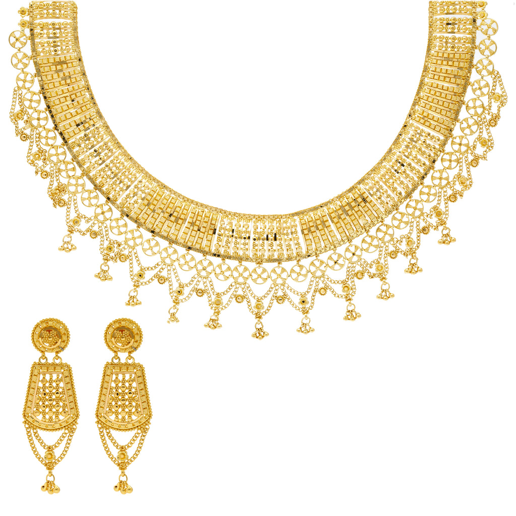 22K Yellow Gold Beaded Filigree Jewelry Set (71.5gm) | 
Add this glittering 22k yellow gold necklace and earring set to your attire for a special occasi...