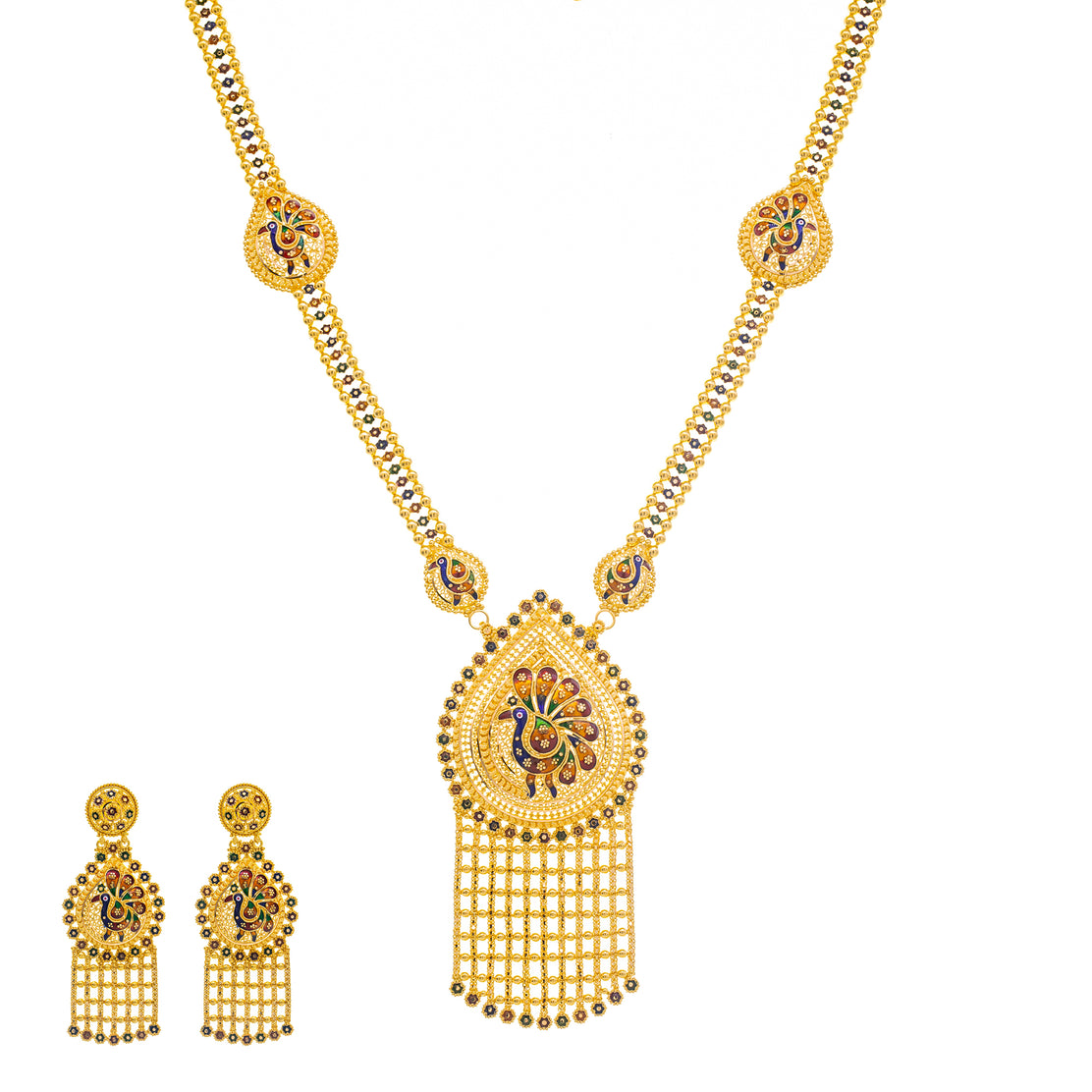 22K Yellow Gold & Enamel Peacock Long Necklace Set (104.4gm) – Virani  Jewelers