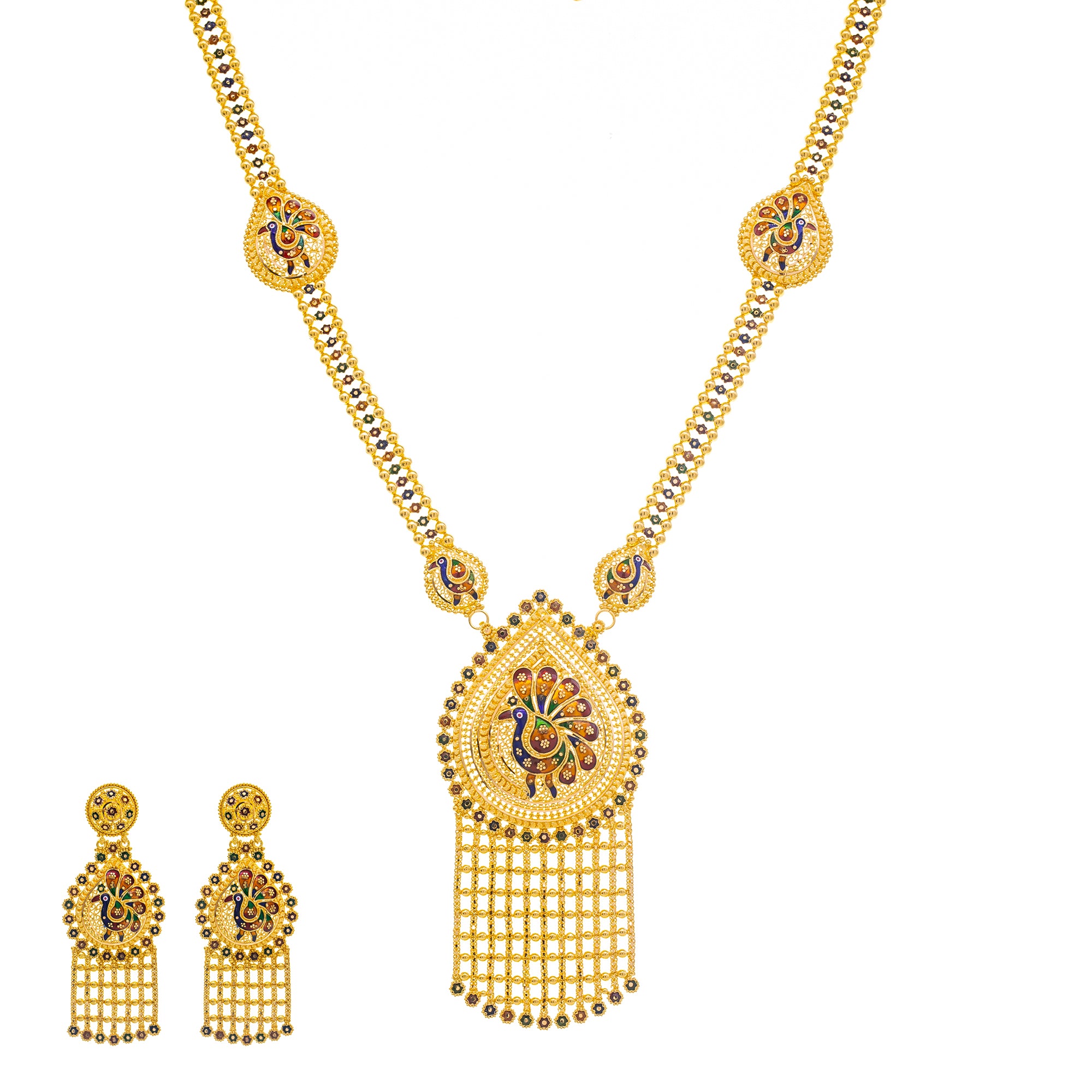 22K Yellow Gold & Enamel Peacock Long Necklace Set (104.4gm