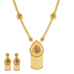 22K Yellow Gold & Enamel Peacock Long Necklace Set (104.4gm)