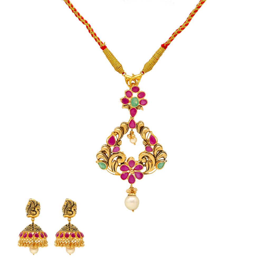 22K Yellow Gold Jeweled Pendant Set (36.3gm) | 
Pair this vibrant 22k gold jewelry set with your favorite formal looks for a special occasion. T...
