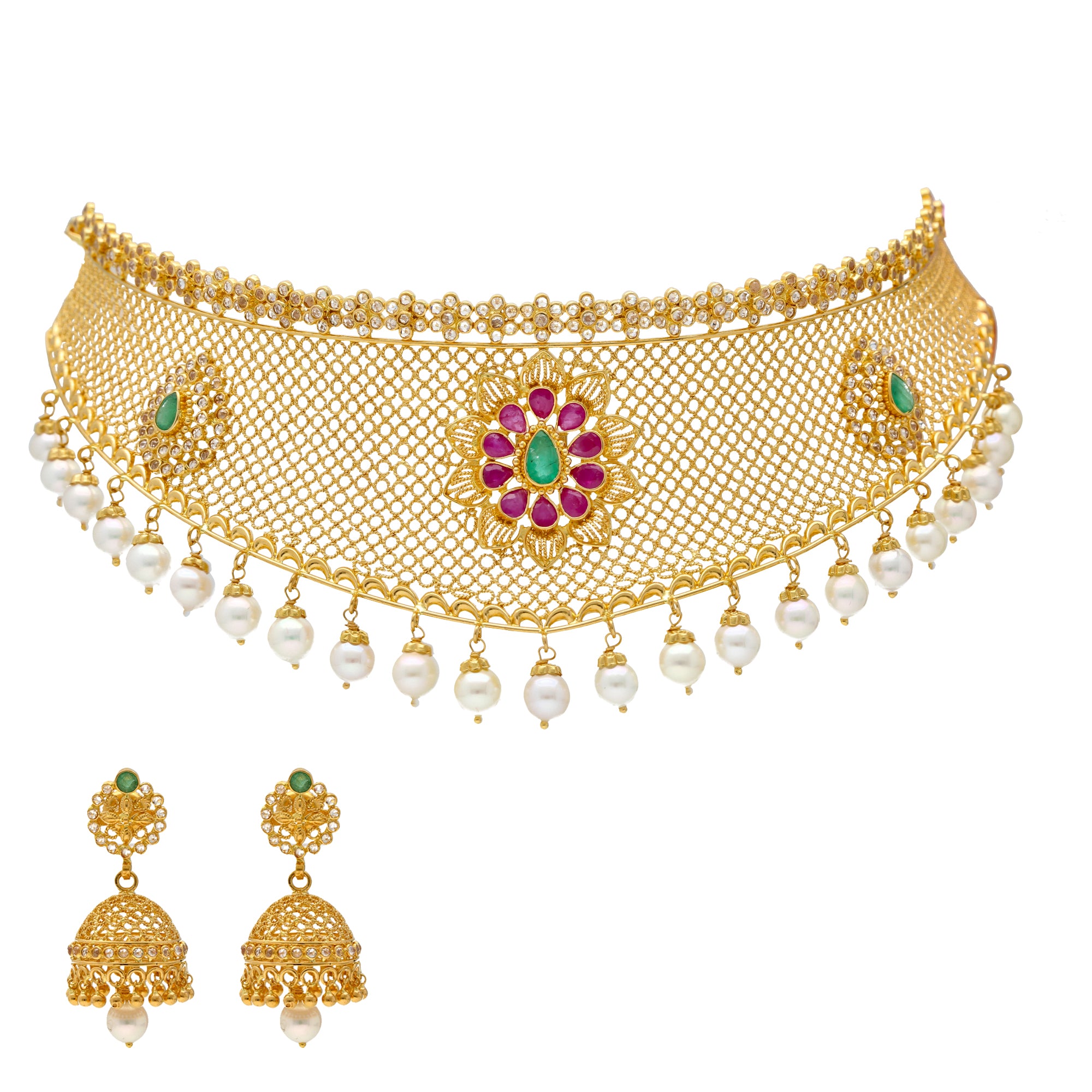 22K Yellow Gold Polki Choker Set with Gemstones & Pearls (68.5 Grams)