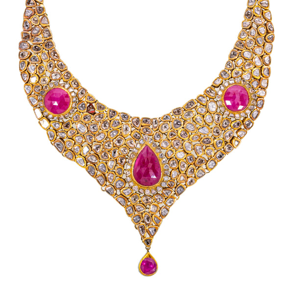 22K Yellow Gold Diamond & Ruby Polki Jewelry Set (273.6gm) | 
This exquisite cultural jewelry set has a traditional Indian look and feel. The glimmering diamo...