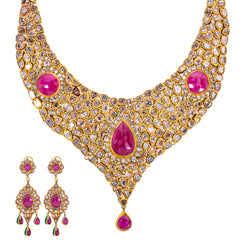 22K Yellow Gold Diamond & Ruby Polki Jewelry Set (273.6gm)