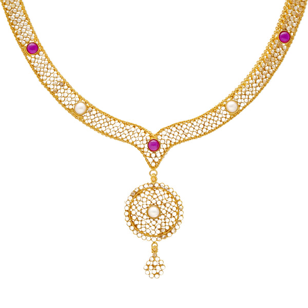 22K Yellow Gold V Shaped Polki Necklace Set with Pearls (54.7gm) | 
Let this beautiful 22k yellow gold and polki jewelry set shine with your bridal, traditional, or...