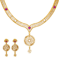 22K Yellow Gold V Shaped Polki Necklace Set with Pearls (54.7gm)