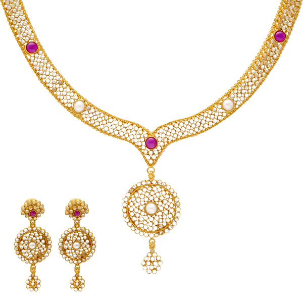 22K Yellow Gold V Shaped Polki Necklace Set with Pearls (54.7gm) | 
Let this beautiful 22k yellow gold and polki jewelry set shine with your bridal, traditional, or...