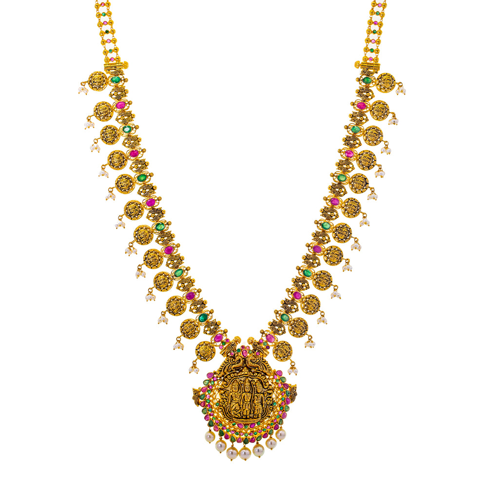 22K Yellow Gold & Gemstone Ram Parivar Necklace (106.4gm) | 
Adorn yourself with this gleaming gold and gemstone encrusted 22k Ram Parivar necklace. The beau...