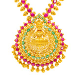 22K Yellow Gold, Emerald, & Ruby Goddess Laxmi Jewelry Set (82.3 grams) | 
Brighten up your traditional wear or formal looks with this dazzling 22k yellow gold Goddess Lax...