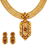 22K Yellow Gold & Ruby Filigree Jewelry Set (110.4gm) | 
Regal elegance takes its highest form in this magnificent 22k yellow gold and ruby Indian jewelr...