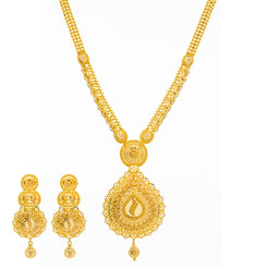 22K Yellow Gold Long Filigree Necklace Set (92.2gm)