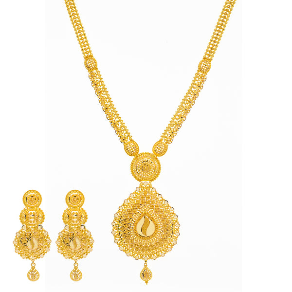 22K Yellow Gold Long Filigree Necklace Set (92.2gm) | 
Our 22K Yellow Gold Long Filigree Necklace Set has an intricate design and style that can compli...