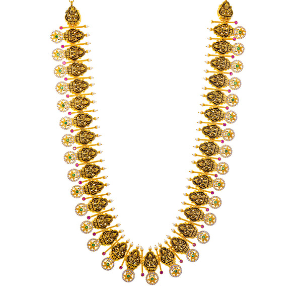 22K Yellow Gold & Gemstone Temple Necklace (110.2gm) | 
This 22k yellow gold necklace from Virani radiants elegance and luxury. The rich assortment of e...