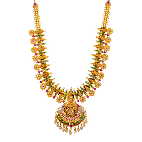 22K Yellow Gold Laxmi Necklace (114.3gm) | 
Combine the luxury and elegance of this 22k yellow gold and gemstone temple necklace with your f...